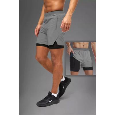 Gri Unisex Gym Ve Fitness Astarlı Taytlı Şort / Gizli Cep Detaylı / Örme Lastikli