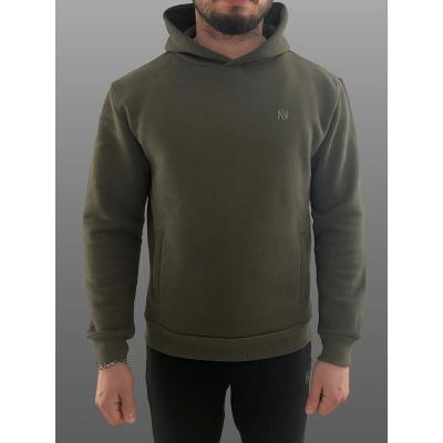 Haki Kapüşonlu Sweatshirt| Fleto Cep Detaylı Reflektör Baskılı Şardonlu