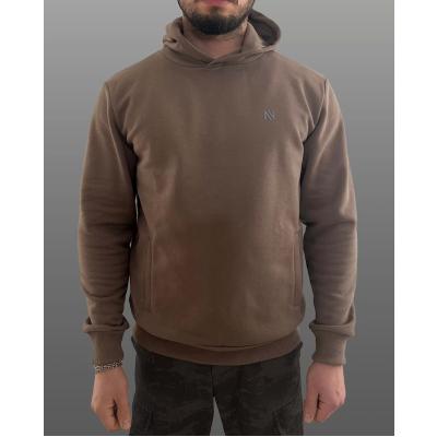 Kahverengi Kapüşonlu Sweatshirt| Fleto Cep Detaylı Reflektör Baskılı Şardonlu